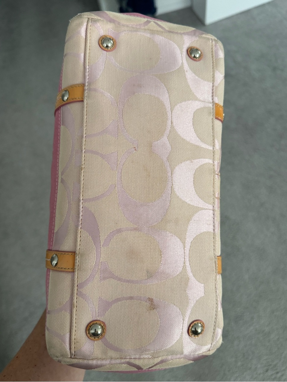 Coach Signature Stripe Boston Satchel Pink Canvas Duffle Y2K Bag F13551 - Picture 10 of 14
